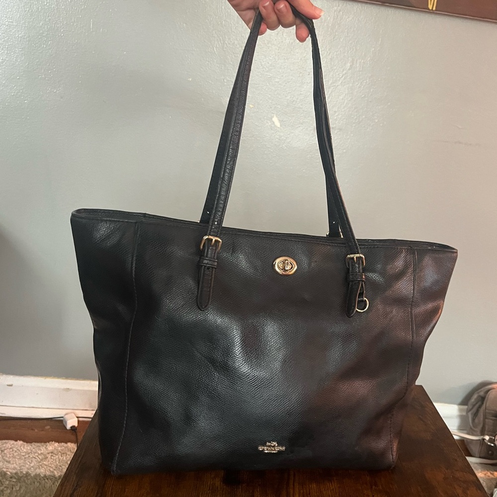 Coach Black Leather Tote Bag with Gold Hardware And Turnlock